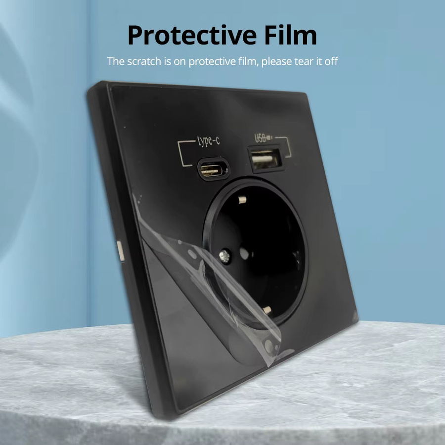 Wallpad Wandsteckdose mit doppelten USB-C-Anschlüssen, schwarze Acrylglasplatte, 16-A-Steckdose nach EU-Standard - Bild 2