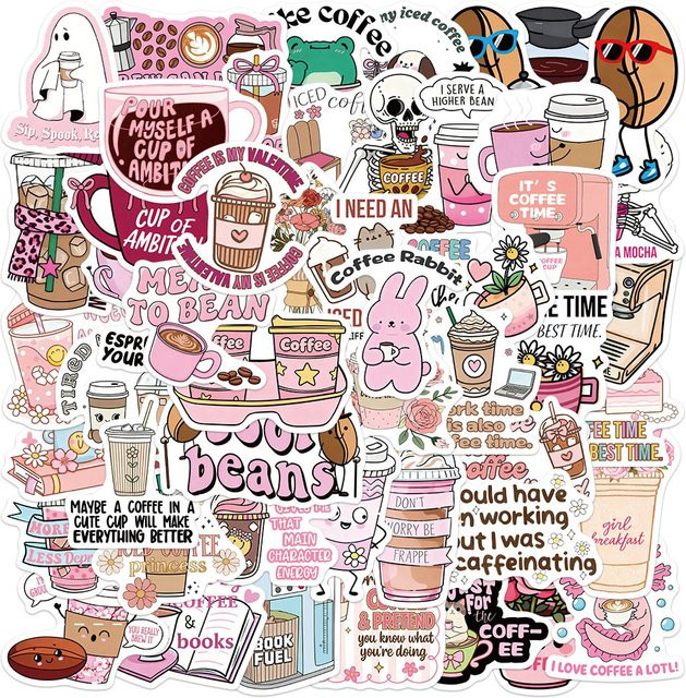 50 Stück ästhetische Kaffee-Aufkleber in Rosa und Multicolour, wasserfeste DIY-Sticker für Laptop, Skateboard und Helm - Bild 1