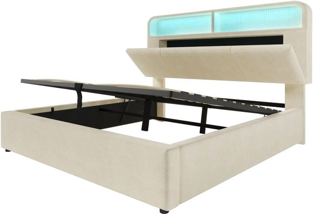 okwish Polsterbett Beige mit verstellbarem Kopfteil, USB-Ladeport und Unterbettbeleuchtung, B/T/H: 180 x 200 x 110 cm (Höhe Kopfteil: 185 cm) - Bild 1