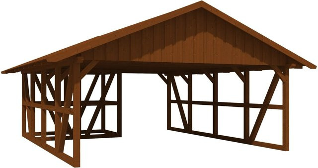 Skan Holz Carport Schwarzwald aus Fichtenholz mit Dachschalung, Abstellraum und Dachschindeln in Nussbaum Braun, B: 684 cm x T: 772 cm - Bild 1