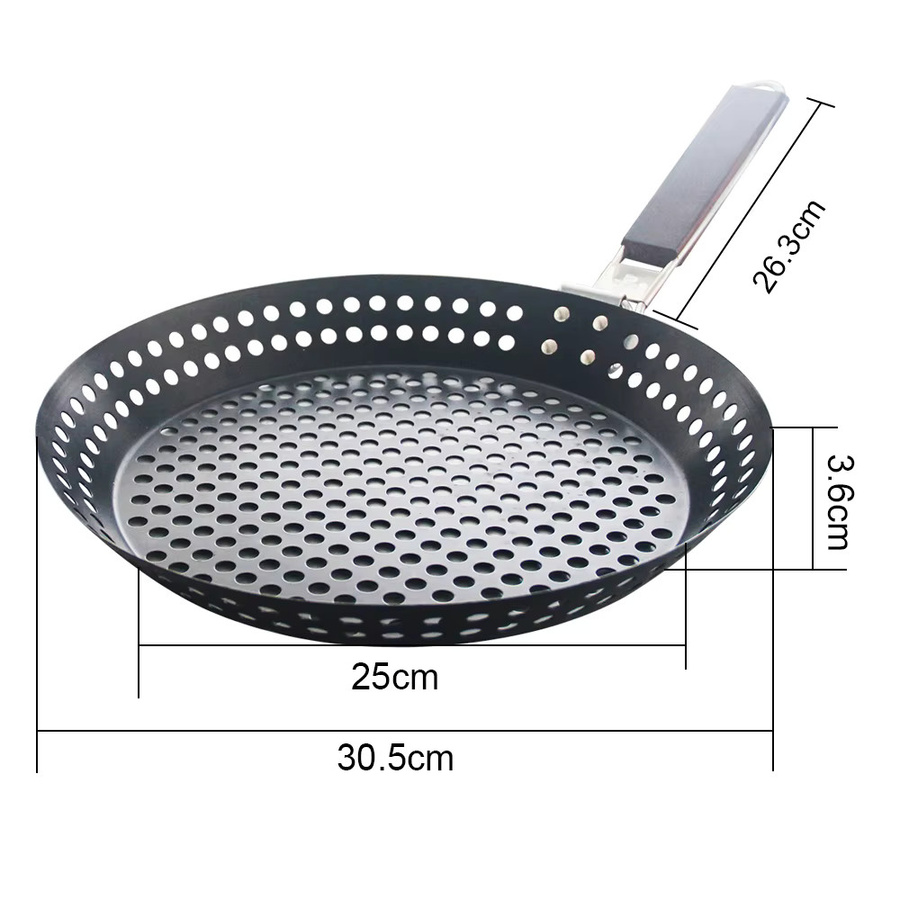 Antihaft Grillpfanne aus Metall mit klappbarem Holzgriff und abnehmbaren Löchern in Schwarz, Durchmesser: 30,5 cm - Bild 2