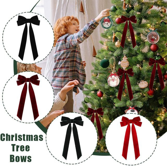 10er Set Samt Schleifen als Weihnachtsbaum Dekoration und Geschenkverpackung in Burgund Rot, Grün und Schwarz - Bild 1
