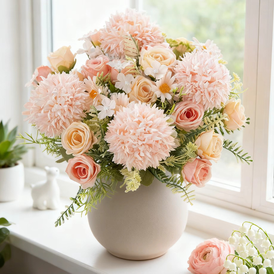 Brial Home Künstliches Blumenbouquet aus Seide mit Rosen und Chrysanthemen für Tischdekoration und Hochzeitsdeko - Bild 1