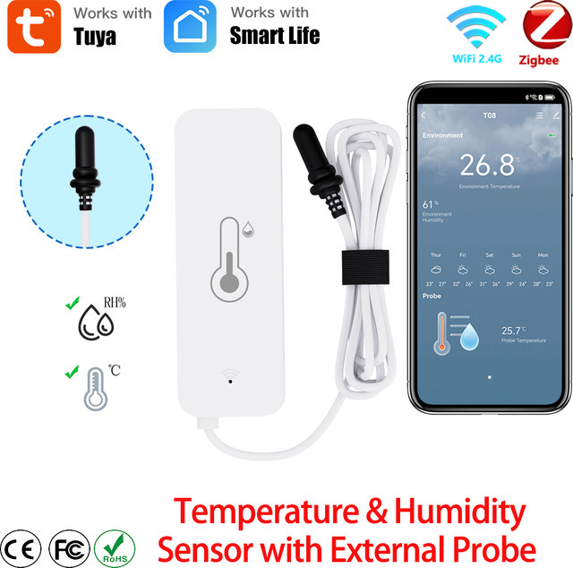 Tuya WiFi Zigbee Temperatur- und Feuchtigkeitssensor mit externer Sonde für Inodoor Outdoor Smart Home in Weiß über SmartLife - Bild 1