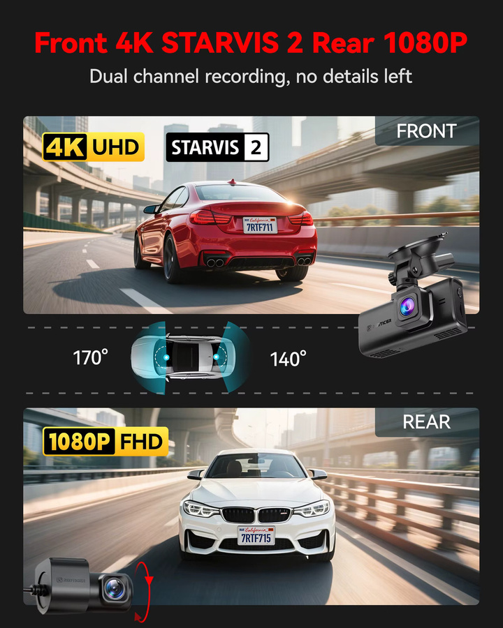 REDTIGER F7N TOUCH 4K Dashcam mit Starvis 2 IMX675, 5,8 GHz WLAN und Nachtsicht, Schwarz - Bild 2