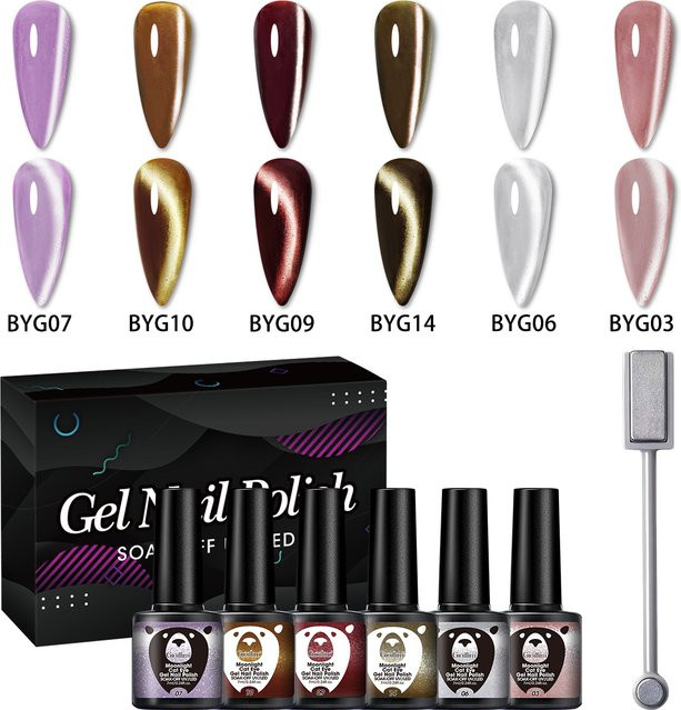 Groillim Katzenaugen-Gel-Nagellack-Set, 6 Farben, Himmelblau, Glänzend - Bild 1