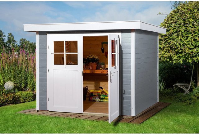 WEKA Gartenhaus 227 Gr.2 aus Massivholz in Grau mit Flachdach und Vordach, B/H/T: 257 x 217 x 239 cm - Bild 1