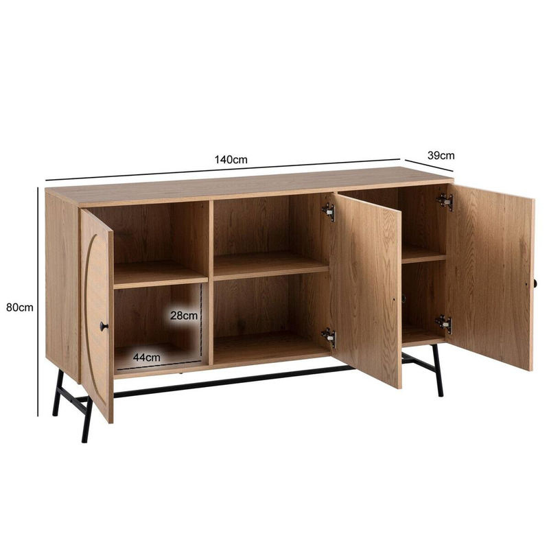 Wohnling Sideboard in Eiche Optik mit Rattan und Metall, B/H/T: 140 x 80 x 39 cm - Bild 3