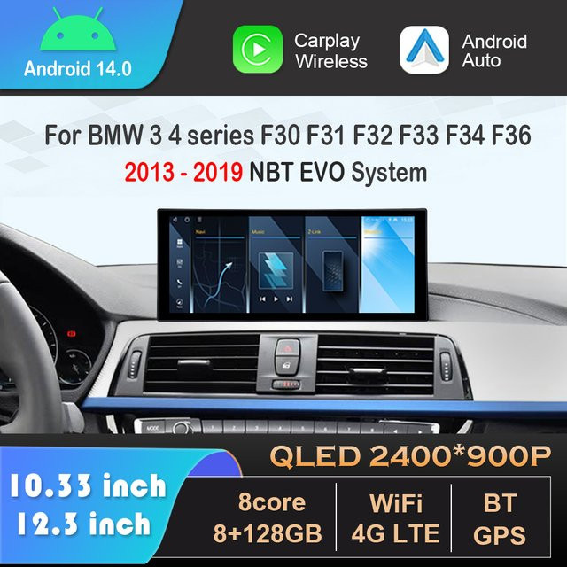 KJ-NAVI Android 14 Multimedia Autoradio mit Carplay für BMW 3er und 4er Serie F30 F31 F32 F33 F34 F36 (2013-2019) NBT EVO System, Schwarz - Bild 1