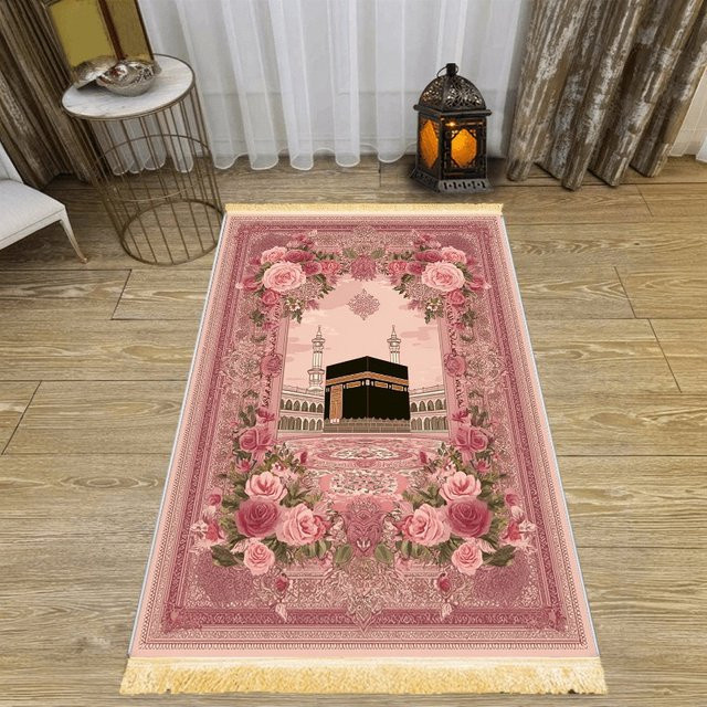 VIKAMA Gebetsteppich mit rosa Blumenmuster und Moscheemuster, verdickter und rutschfester Teppich für Wohnzimmer und Schlafzimmer - Bild 1