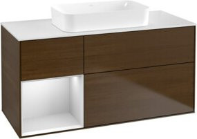 V&B Waschtischunterschrank Finion in Weiß lackiert mit Walnuss Furnier, Breite: 120 cm, Tiefe: 60 cm - Bild 1