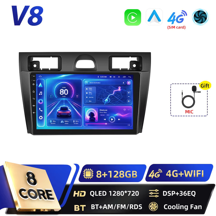 Podofo Android Autoradio für Ford Fiesta 2006-2011 mit 8GB+128GB Speicher, 2DIN Multimedia-Player mit Carplay, Android Auto, GPS, WIFI und DSP, Schwarz - Bild 9