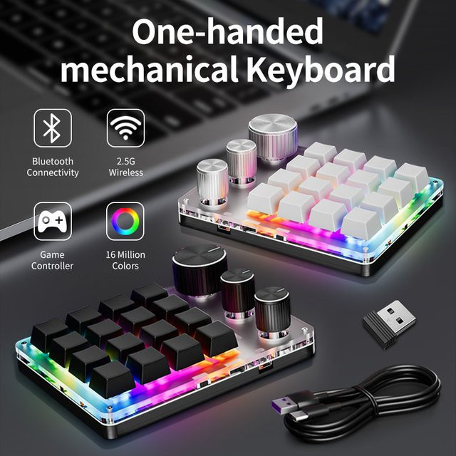 GGBEE Mechanisches Macropad mit 16 Tasten und 3 Knöpfen, Programmierbare Makro-Tastatur mit Hot-Swap, Bluetooth, 2,4 G und USB-C, Weiß - Bild 1