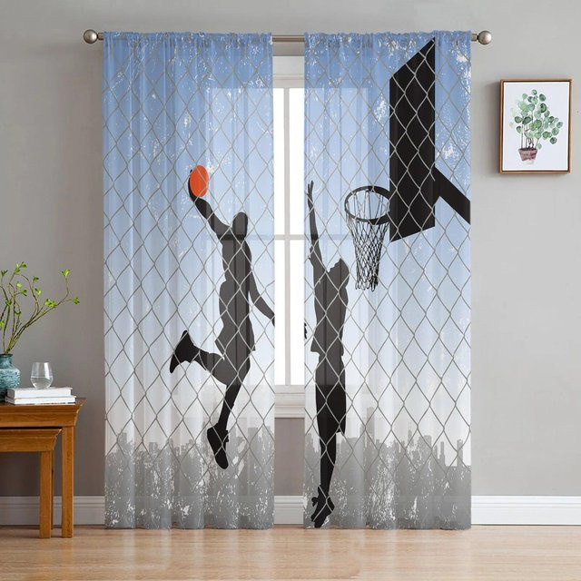 Transparente Chiffon-Vorhänge mit Basketballspieler-Motiv von A Family Of Home Textiles, Blau, B: 135 cm, H: 114 cm - Bild 1