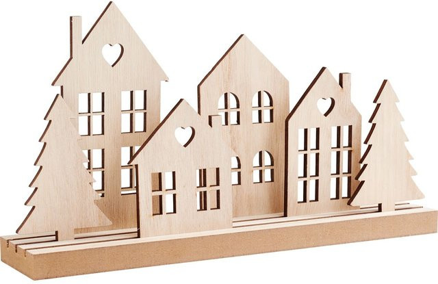 VBS Holz-Steckmotiv Dorf mit Tannen in Beige für die Winterdekoration - Bild 1