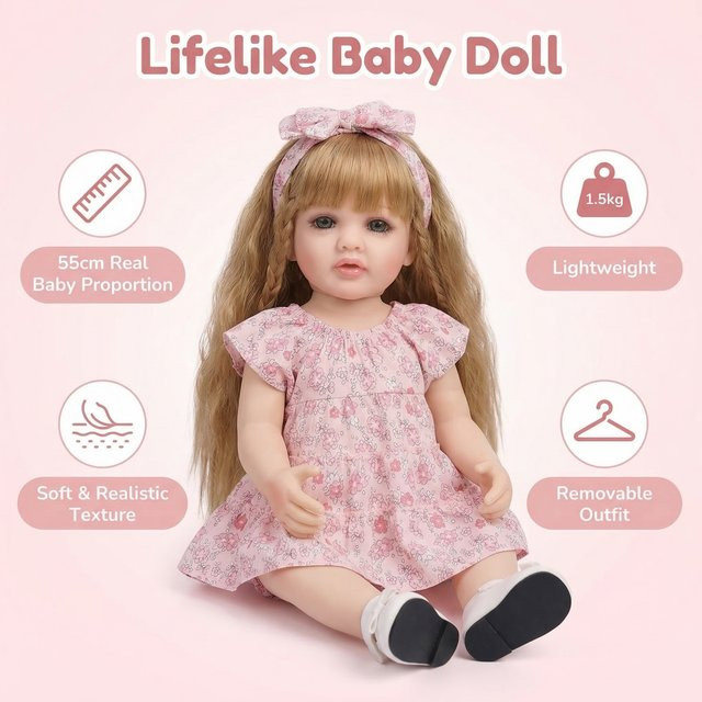 NPK Betty Reborn-Puppe, 22 Zoll, Weiche Vinyl-Mädchenpuppe, Hellbraunes Lockiges Haar - Bild 1