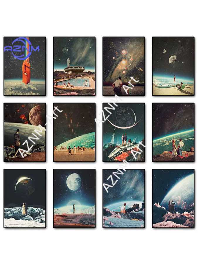 KAYOU Vintage Surreal Space Futurism Leinwandgemälde, abstrakte Galaxie Wandkunst in Multicolour - Bild 3