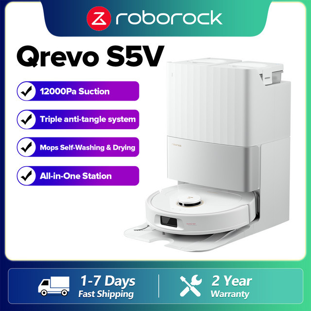 Roborock Qrevo S5V Saug- und Wischroboter in Weiß mit 12.000 Pa Saugkraft, Anti-Tangle-Bürsten und automatischer Reinigungsstation mit Moppwaschung und Heißlufttrocknung - Bild 1