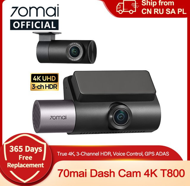 70mai Dash Cam T800 4K UHD 3-Kanal Recording mit Triple HDR, Sprachsteuerung und 4G LTE Fernbedienung, Schwarz - Bild 1