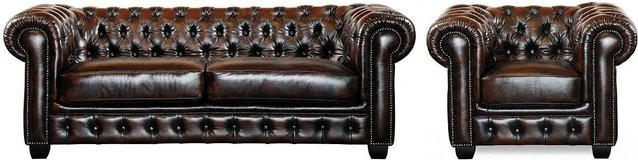 Vente-unique Couchgarnitur Brenton aus Leder mit Sessel in Schokobraun im Chesterfield-Design mit Punksteppung - Bild 1