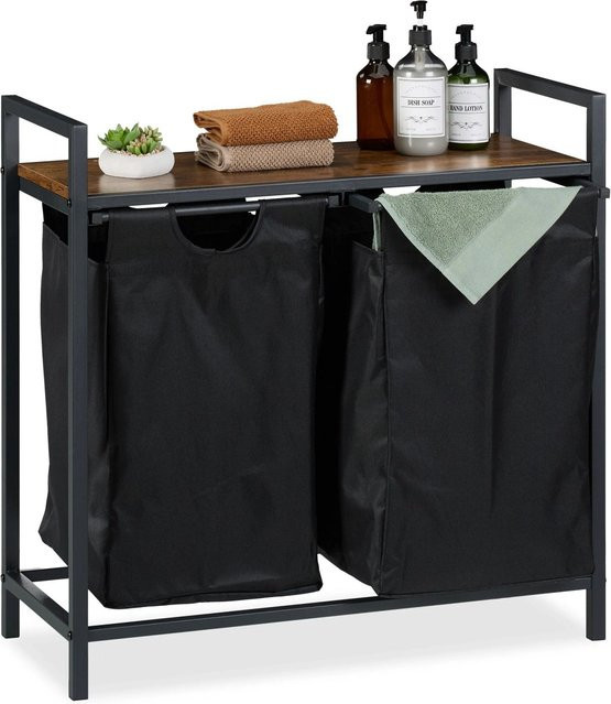 Relaxdays Wäschekorbregal im Industrial-Design aus Metall und MDF, Schwarz und Dunkelbraun, B/T/H: 72 x 33 x 73 cm - Bild 1