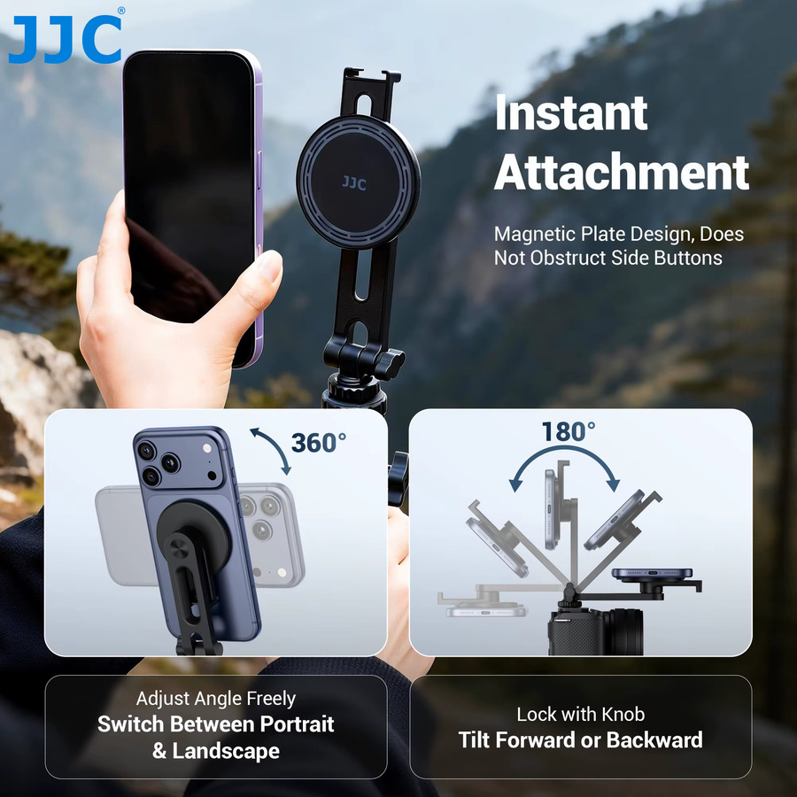 JJC Magnetische Handyhalterung in Schwarz für iPhone 17 16 15 14 mit Blitzschuh und 1/4 Zoll Gewinde für Stativnutzung in vertikaler und horizontaler Ausrichtung - Bild 3
