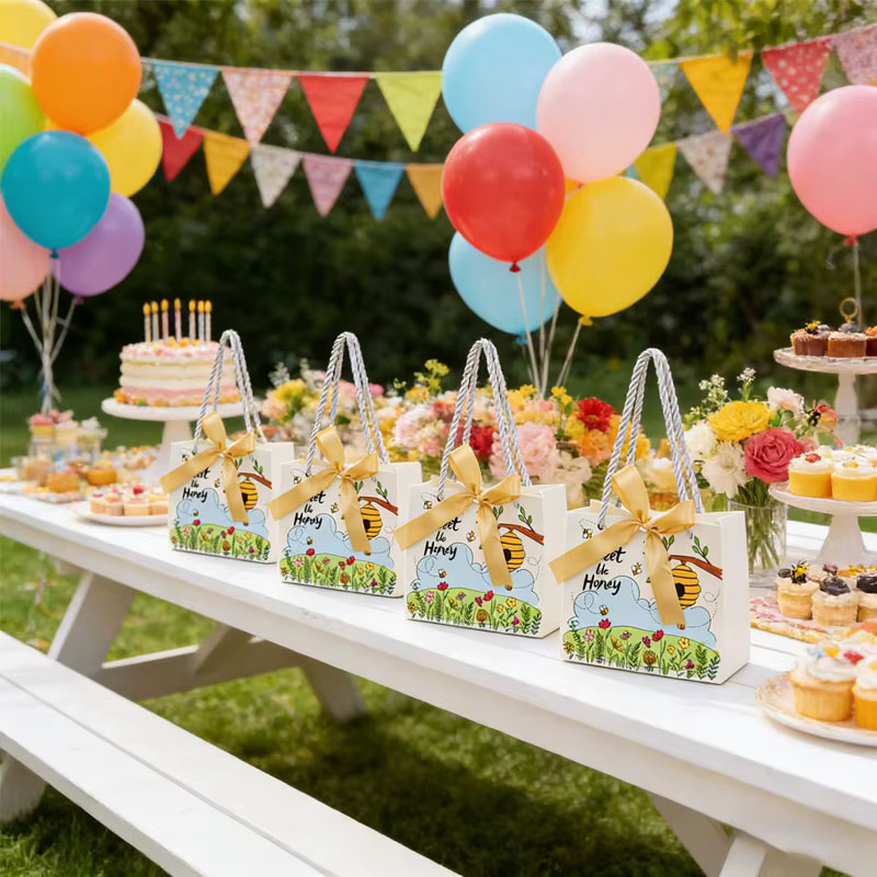 Bienen-Design Party-Geschenkbox aus Papier mit Griff und Band in Weiß und Mehrfarbig für Süßigkeiten und Gastgeschenke - Bild 3