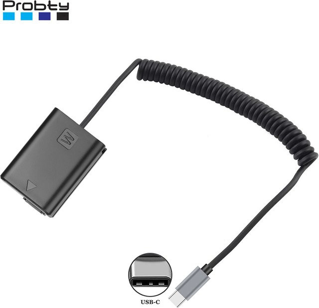 Probty USB-C zu NP-FW50 Dummy-Akku für Sony ZV-E10, Alpha A6500, A6400, A6300, A6100, A6000, A5100, A5000, A7II, A7SII, A7RII in Schwarz - Bild 1