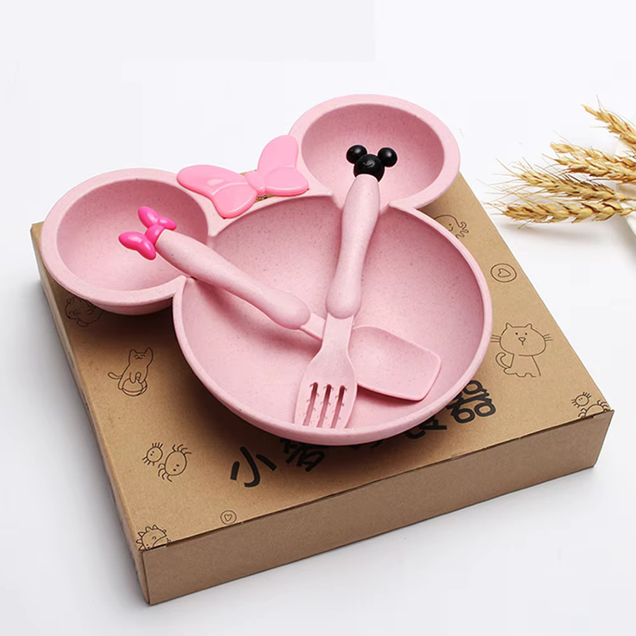 SLAIXIU 3-teiliges Cartoon Baby Geschirr Set aus Weizenstroh in Pink mit Schüssel, Teller, Löffel und Gabel - Bild 4