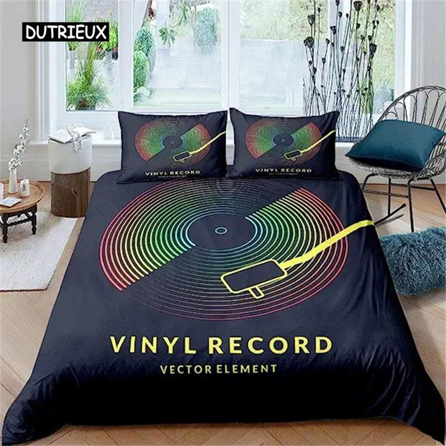 Binchi Bettwäsche-Set Vintage Blues mit Gitarren und Schallplatten, 3-teilig, Farbe: Schwarz, B/H: 140 x 200 cm - Bild 1