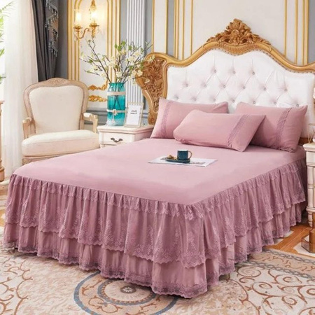 Super Six 3-lagiges Bettwäsche-Set mit Spitzen-Rüschen in Pink, bestehend aus Bettrock, Bettbezug und Kissenbezug, rutschfeste Matratzenauflage aus Baumwoll-Polyester-Mischung