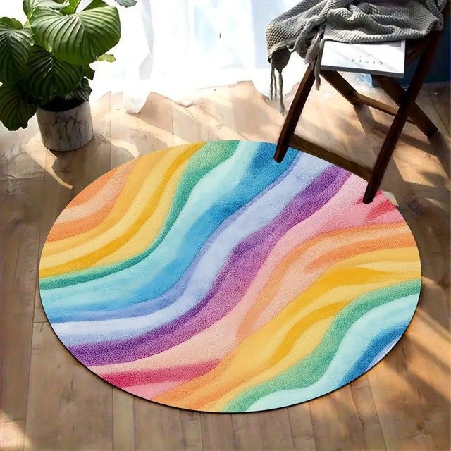 Runder Flanell-Bodenteppich CSQ Eleven mit Regenbogen-Wellenmuster in Weiß und Multicolour, rutschfest und waschbar, Durchmesser: 60 cm - Bild 1