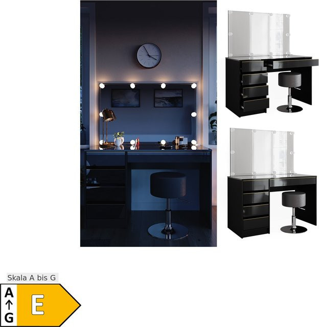 Vicco Schminktisch Sherry in Schwarz Hochglanz mit Gold-Akzenten, inklusive Spiegel mit LED-Beleuchtung und Hocker, B: 120 cm, T: 75 cm, H: 75 cm - Bild 1