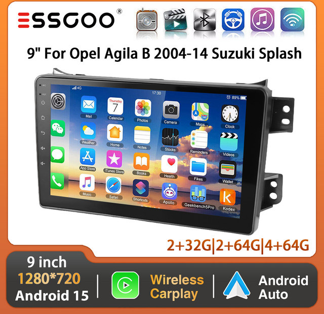 ESSGOO Android 15 Autoradio mit 9 Zoll Display für Suzuki Splash Agila B 2004-2014, Wireless Carplay und Android Auto, Schwarz, mit GPS, WiFi, Bluetooth und USB - Bild 1