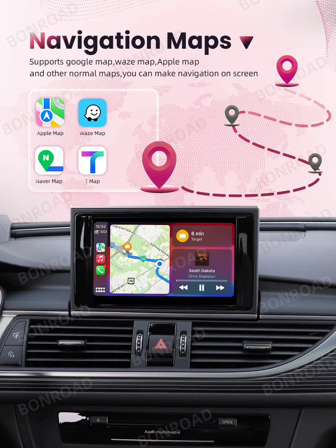 BONROAD Drahtlose CarPlay und Android Auto Interface Adapter Box für Audi A8 2012-2018 mit Bluetooth, GPS und Spiegel Link in Schwarz - Bild 4