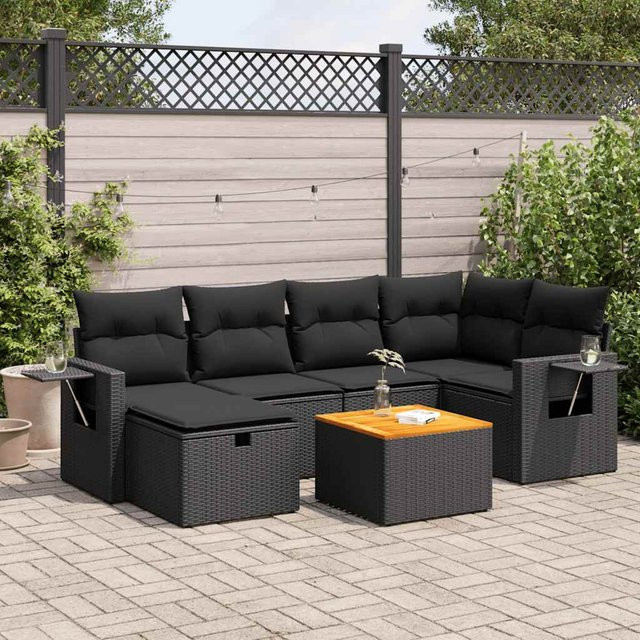 vidaXL 7-tlg. Garten-Sitzgruppe in L-Form mit Kissen, Schwarz - Bild 3