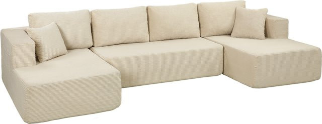 HOMCOM Modulares U-Sofa 4-Sitzer aus Cordvelours in Creme, umwandelbares Liegesofa mit 2 Liegeelementen und 6 Kissen, Breite: 336,5 cm, B/T/H: 138 x 197 x 69 cm - Bild 1