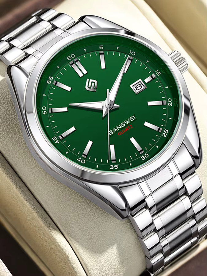 BANGWEI Armbanduhr Quarz, Edelstahl, Silber, Grün, Herren - Bild 6