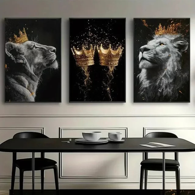 Potdemiel Leinwand-Wandkunst Set mit goldener Krone und Löwe, modernes Tiergemälde in Gold für deine Heimdekoration, 3er-Set - Bild 1