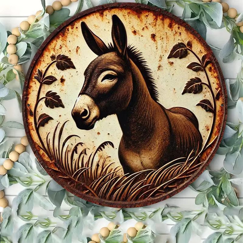 Potdemiel Rundes Metall-Wandschild mit Vintage-Esel-Illustration und Blumenrand, Multicolor, Durchmesser: 20,3 cm - Bild 3