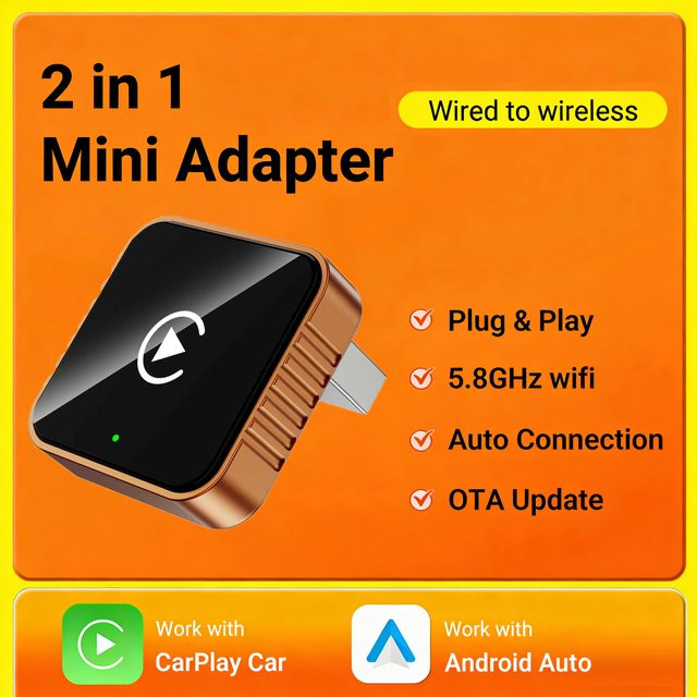HANG JING 2-in-1 CarPlay und Android Auto Adapter für kabellose Verbindung mit niedriger Latenz kompatibel mit VW und Toyota - Bild 1