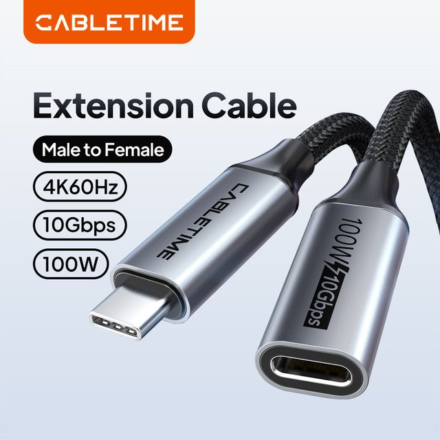 CABLETIME USB-C-Verlängerungskabel Gen 2 mit 10 Gbit/s und PD100W Schnellladefunktion Stecker auf Buchse - Bild 1