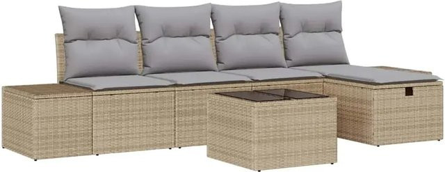 vidaXL Garten-Sofa-Set aus Poly-Rattan in Beige, 6-teiliges Outdoor-Möbelset mit Kissen, 2-Sitzer-Sofa, Ottoman und Couchtisch - Bild 1