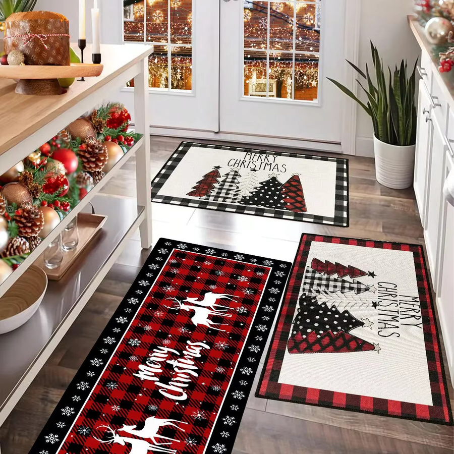 Rutschfeste und saugfähige Weihnachtsbaum-Bodenmatte mit Karomuster in Rot für Küche und Zuhause - Bild 1