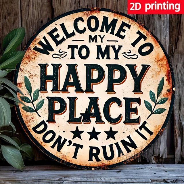 Potdemiel Vintage-Metallschild Welcome to My Happy Place Wanddekoration Schwarz B: 20,3 cm, H: 30,5 cm - Bild 1