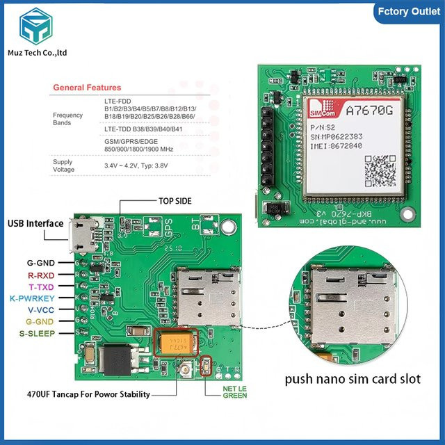 SIMCOM A7670G Push Nano Side Way SIM-Steckplatz Core Board Entwicklungs-Kit mit 4G LTE Cat 1 Modul, GPS und globalen Bändern, Grün - Bild 1