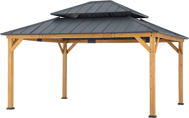 Sunjoy Gazebo Trivor Pavillon aus FSC Zedernholz und Stahl in Anthrazit mit Stahldach, Maschennetzen und Vorhängen, B: 390 cm, T: 450 cm - Bild 1