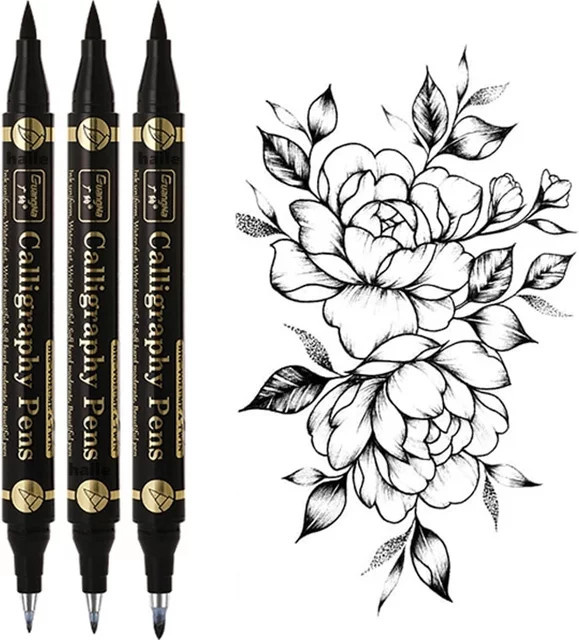 3er Set Multifunktions Kalligraphie Pinsel mit Doppelkopf in 4 Größen für schwarze Tinte und Kunstmarker - Bild 1
