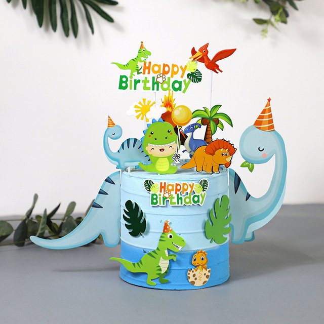 Dinosaurier Kuchen Topper für Kindergeburtstag im Wald und Dschungel Design, Mehrfarbig aus Papier - Bild 1