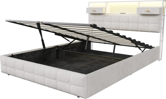 PXloue Polsterbett mit Stauraum und LED-Beleuchtung sowie USB-Anschluss, Samt, Beige, B/T/H: 140 x 200 x 104 cm - Bild 1